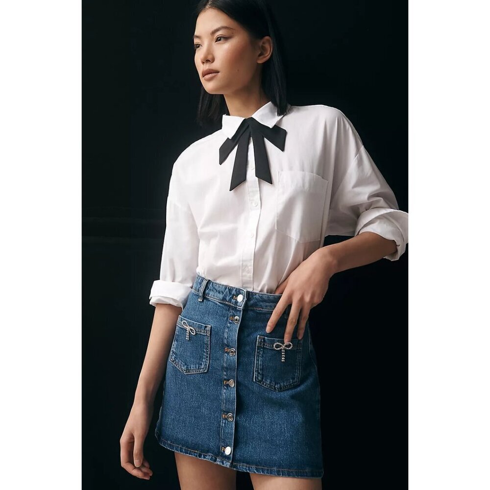 Anthropologie Blue Denim Button-Front Mini Skirt